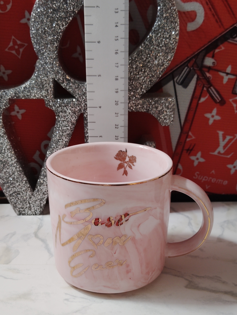 Elegant Pink Marble Ceramic Mug with Gold Accents